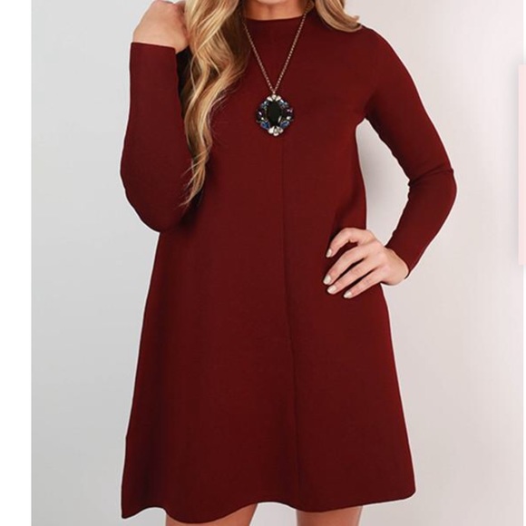 LONG SLEEVE BURGUNDY SHIFT DRESS - Picture 2 of 5